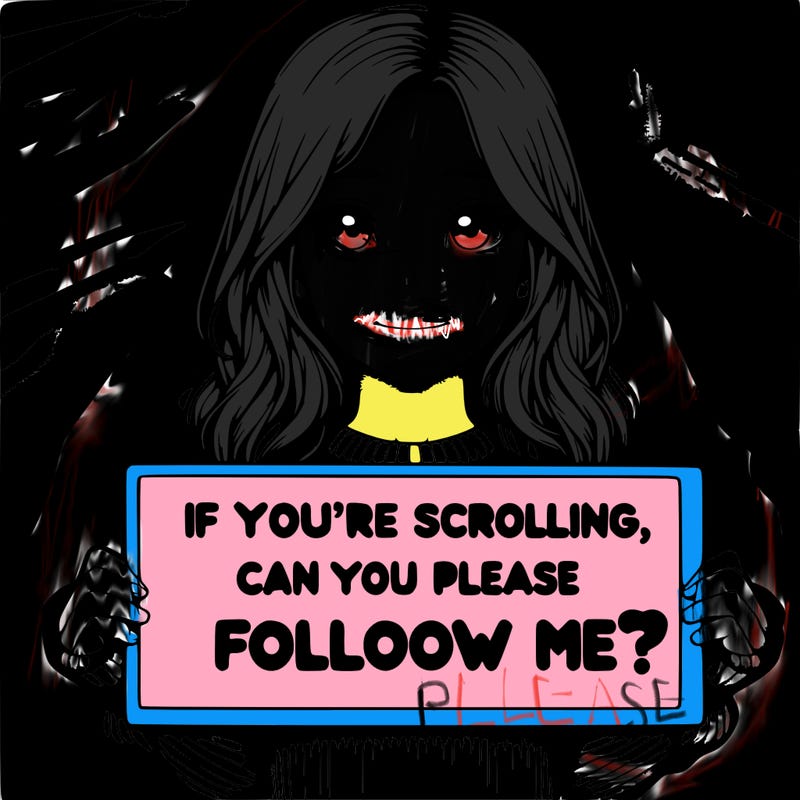realistic girl holding a sign saying if your scrolling can you plz follow me? 😁