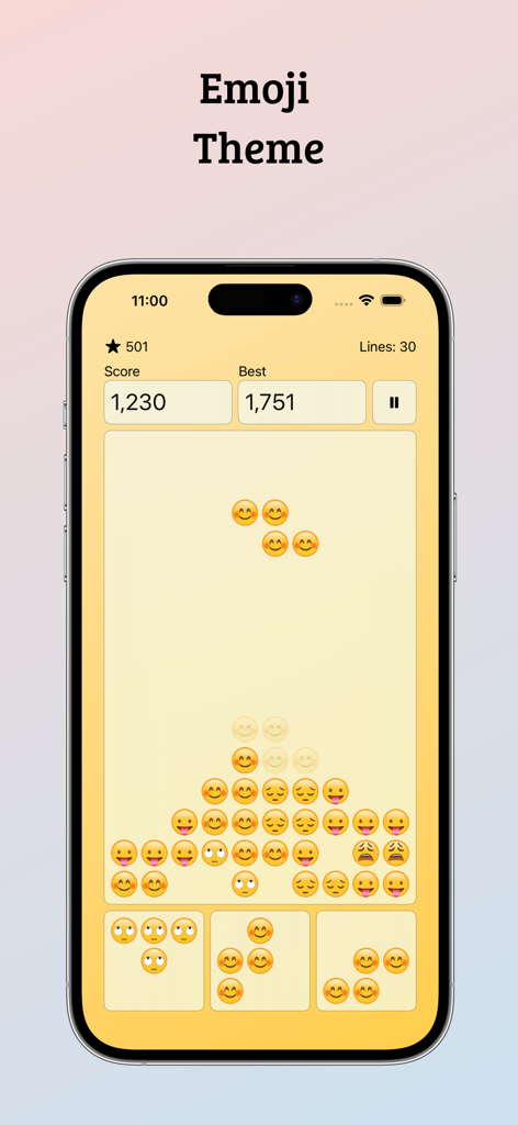 Captura de pantalla del juego de puzzle Falling Blocks que muestra el paquete de tema de emojis en iPhone