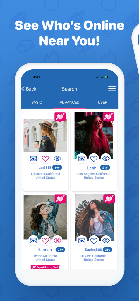 A search screen on the CDFF app displaying user profiles with photos, ages, and locations in California.