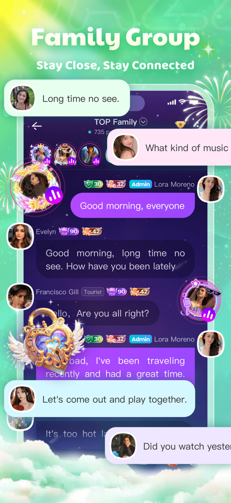 Dazz Live-Live Stream & Chat - Dazz Live app interface showing a family group chat with user messages and profiles