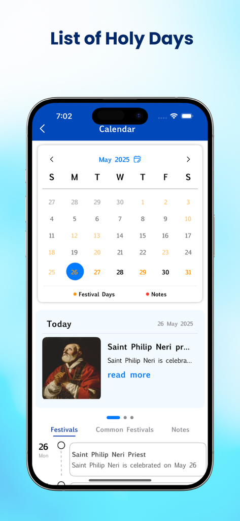 A mobile phone displaying a religious calendar with holy days and festival information for May 2025.
