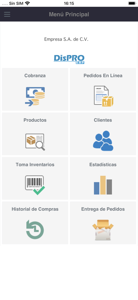 Main menu dashboard of the DisPRO ERP mobile app showing business management options like inventory and sales statistics