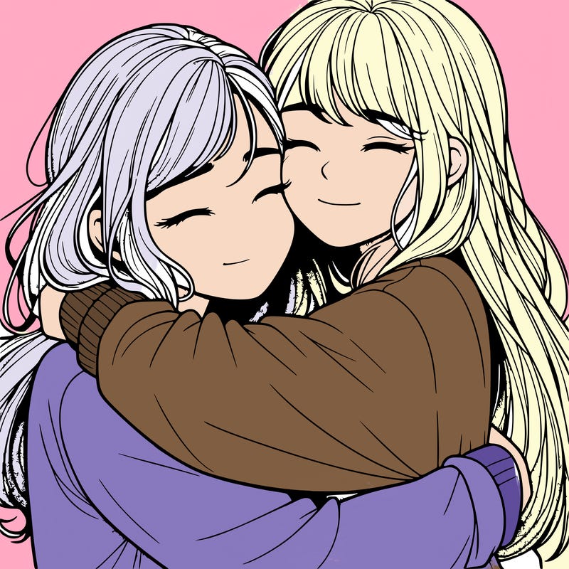 realistic two girls hugging