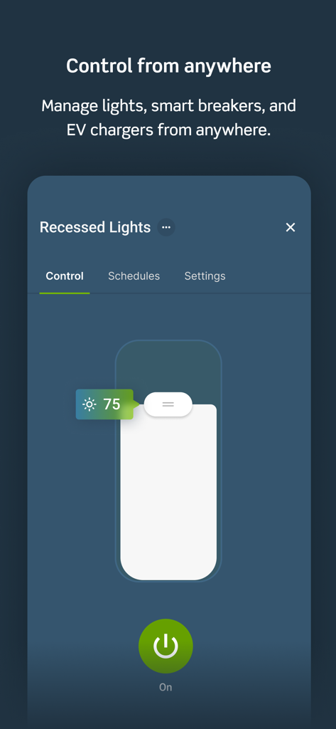 The My Leviton app interface showing recessed lights control with a brightness slider set to 75 percent