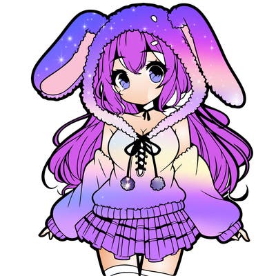 pretty anime girl wearing a fluffy hoodie with bunny ears on the hood and a skirt