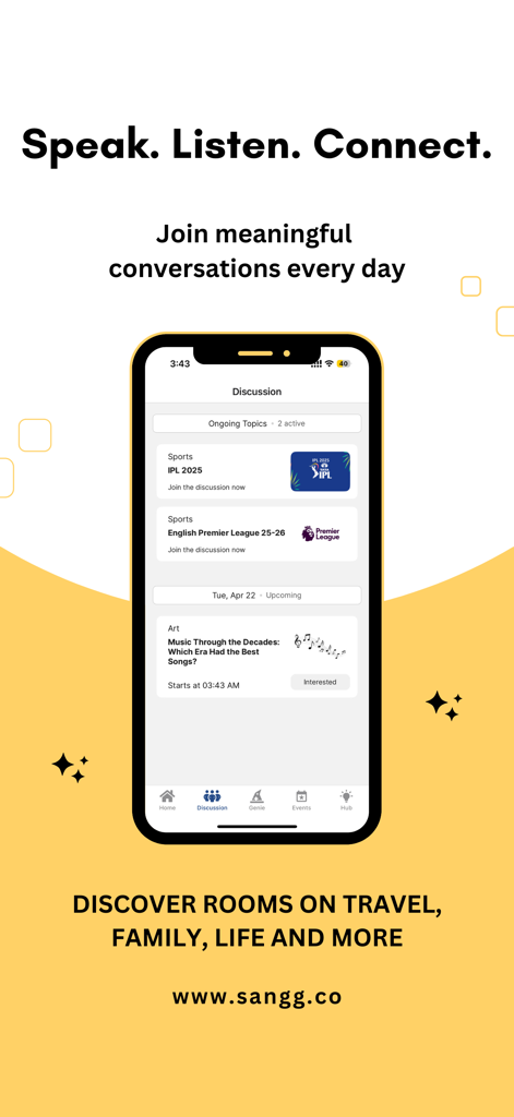 Sangg - Sangg app screenshot showing discussion rooms for older adults with topics on sports and music