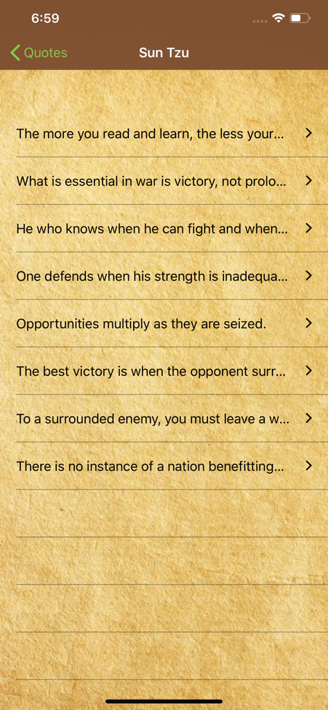 Quotes & Status in English - 引用とステータスアプリの羊皮紙風の背景に、孫子の引用のリスト