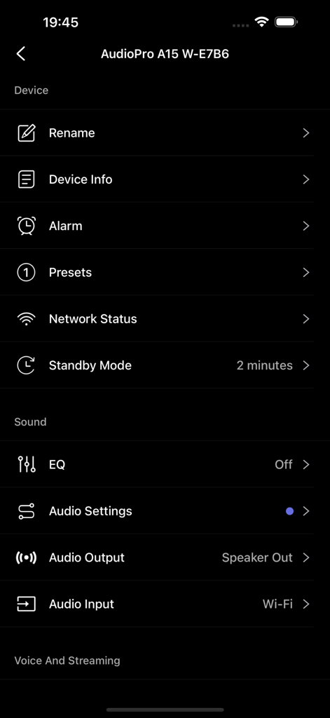 audio pro W - Menú de configuración de la aplicación Audio Pro W para controlar un altavoz inalámbrico
