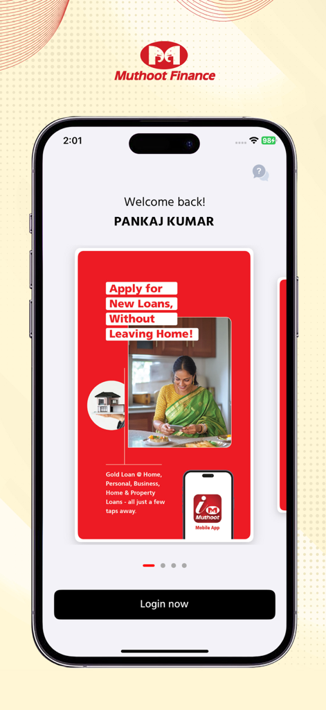 iMuthoot mobile app welcome screen showing options to apply for gold and personal loans from home