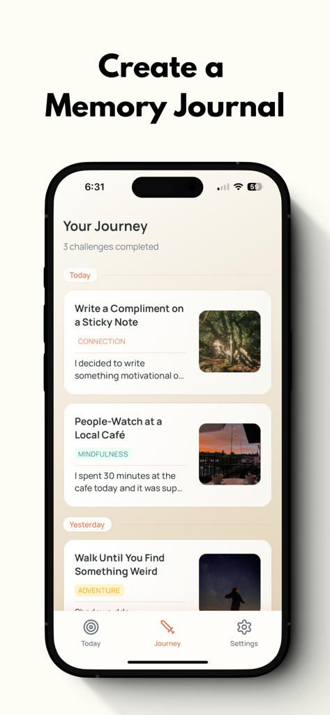 Una pantalla de aplicación móvil que muestra un registro cronológico de misiones secundarias completadas con fotos y notas personales.
