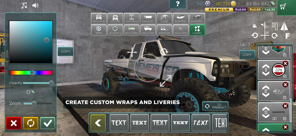 4x4 Mania - Garage interface for creating custom wraps and liveries on an off road truck in 4x4 Mania
