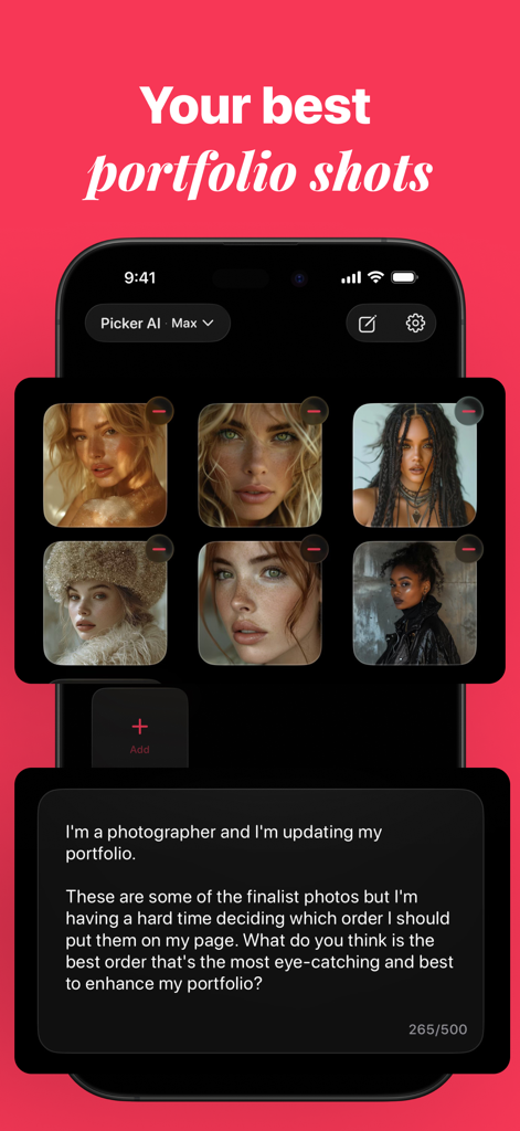 Picker AI - Best Photo Picker - Interfaz de la aplicación Picker AI que muestra una selección de fotos de retratos para un portafolio profesional con una indicación para obtener asesoramiento de expertos por IA.