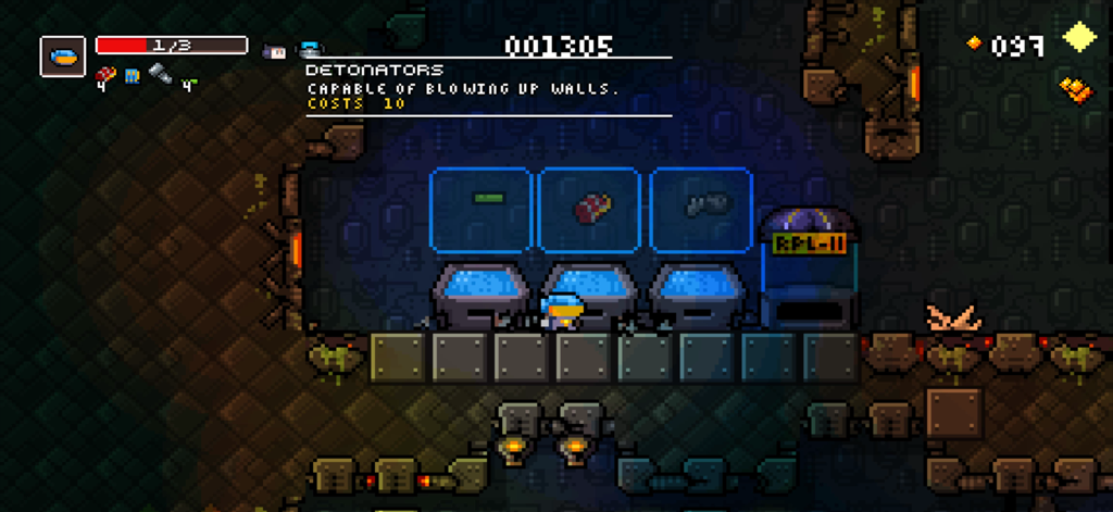 Jugabilidad de Meganoid Remaster mostrando la interfaz de la tienda del juego con una descripción para los detonadores