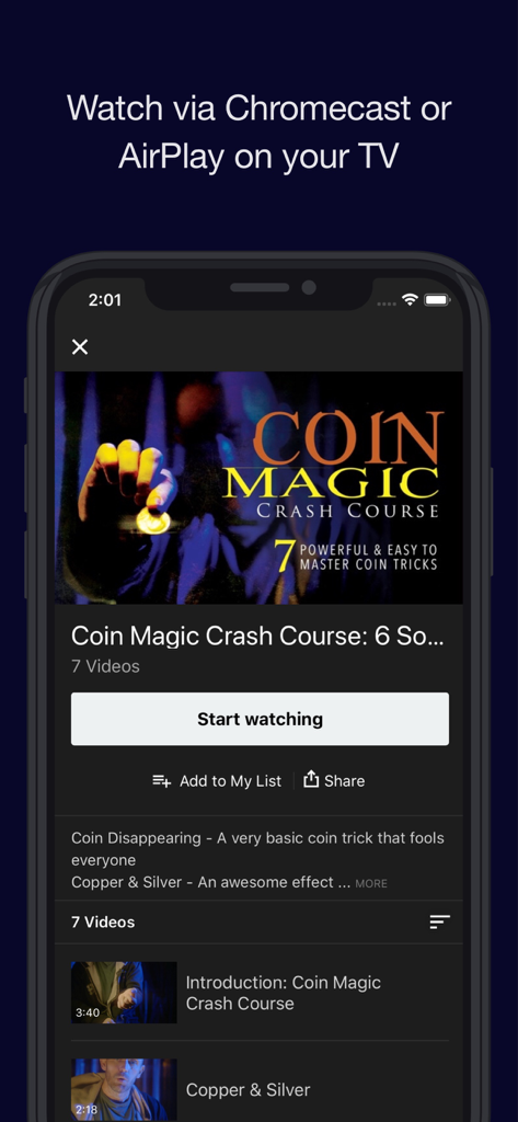 Master Magic Tricks - Pantalla de la aplicación Master Magic Tricks para un curso de magia con monedas con opciones de transmisión por TV