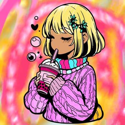 manga girl drinking boba in cozy sweater