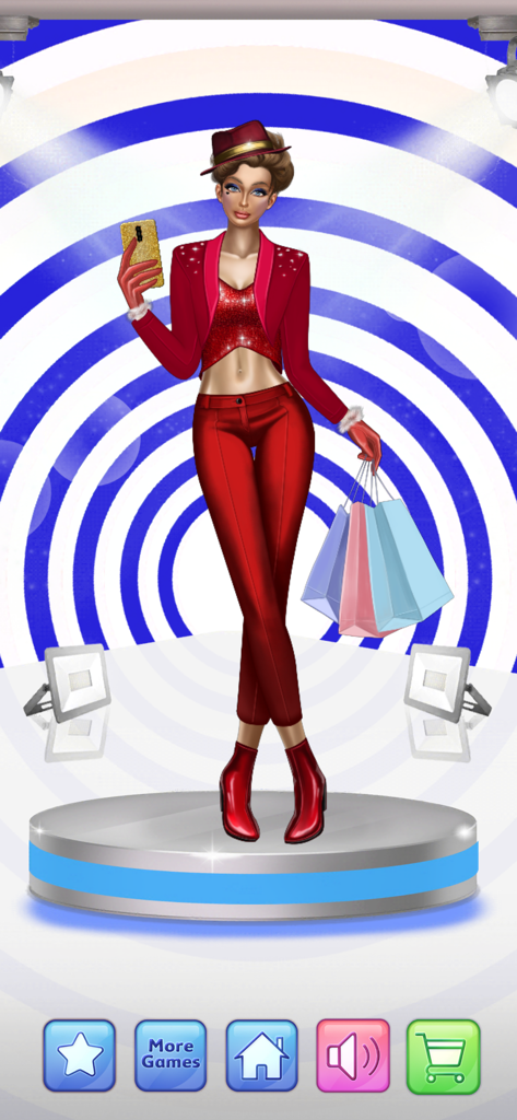 Blogger Girl - Outfit Makeover - Un personaje de chica con estilo con un atuendo rojo sosteniendo bolsas de compras y un teléfono en un escenario de juego de moda