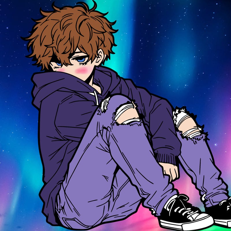 a male hoddie ripped jeans messy hair anime