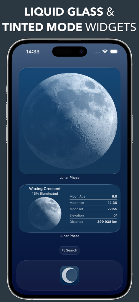Lunar - Moon Phase & Widget - リキッドグラスデザインで月相データを表示するLunarアプリのホーム画面ウィジェット。