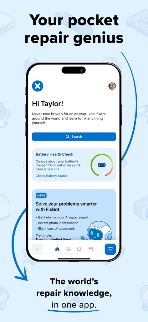iFixit app home screen showing battery health check and FixBot AI repair assistant