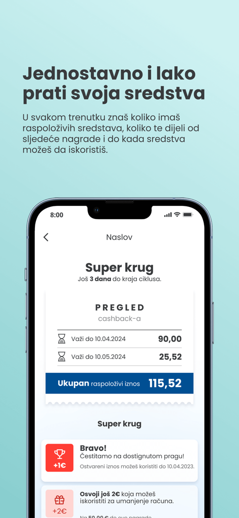Smartphone-Bildschirm mit Cashback-Prämien und verfügbarem Guthaben in der Super Kartica CG Loyalty App.