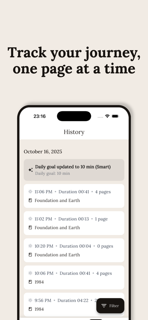 Readaily — Book Reading Habit - Interface of the Readaily app showing a detailed reading history log with book titles, page counts, and time spent reading.