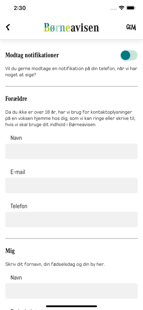 Tela de configurações de perfil no aplicativo Borneavisen para inserir informações de contato dos pais e gerenciar notificações.