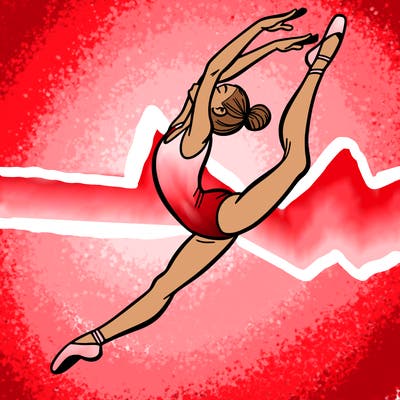 gymnast doing a leap in a leotard with a bent back leg