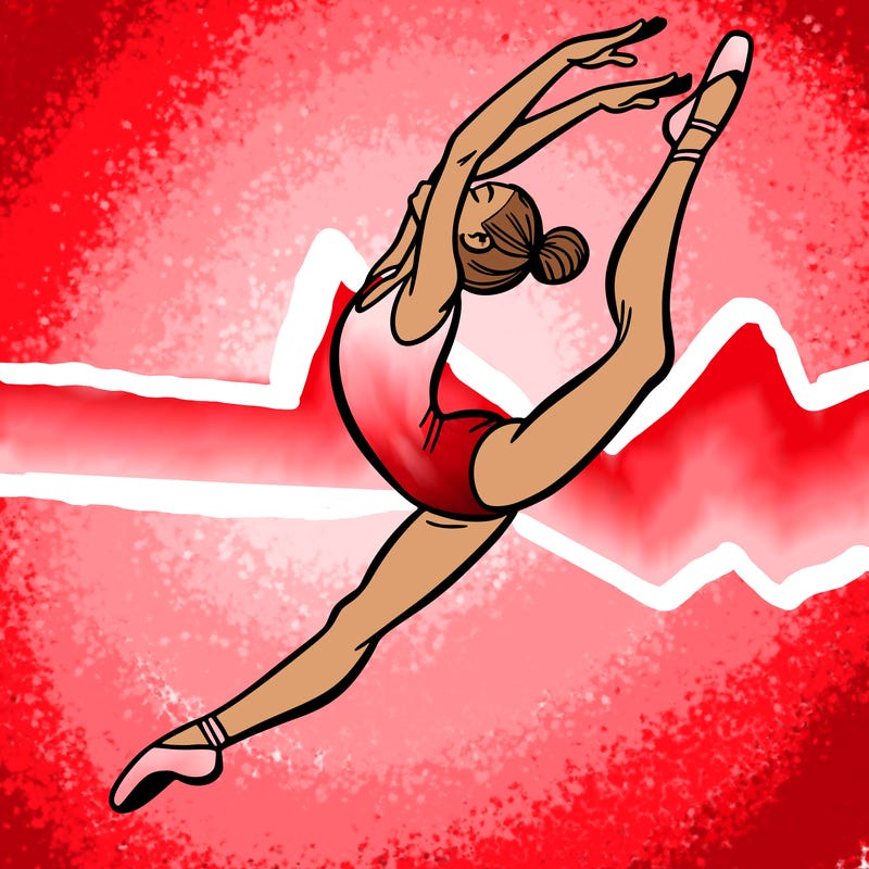 gymnast doing a leap in a leotard with a bent back leg