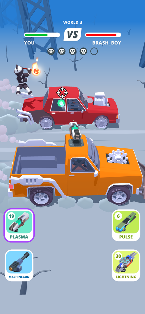 Desert Riders - Wasteland Cars - Car combat gameplay in Desert Riders showing a truck shooting an enemy vehicle in a wasteland.