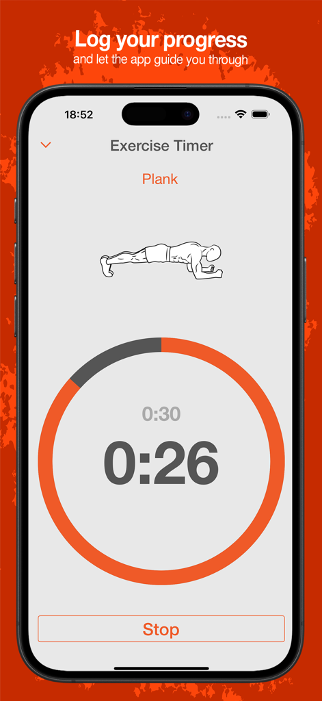 Interfaz de la app Fitness Point mostrando un temporizador de plancha de 30 segundos con una ilustración de modelo masculino y funciones de registro de progreso