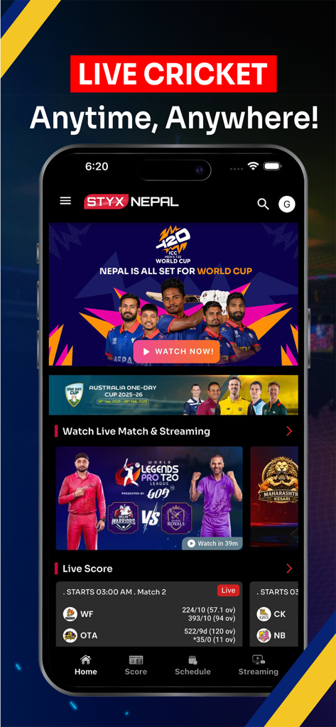 Styxnepal - Styxnepal mobile app screen showing live cricket matches and real-time scores