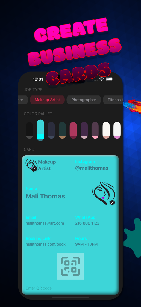Eine mobile App-Oberfläche, die Anpassungsoptionen für eine digitale Visitenkarte mit QR-Code und Kontaktdaten zeigt