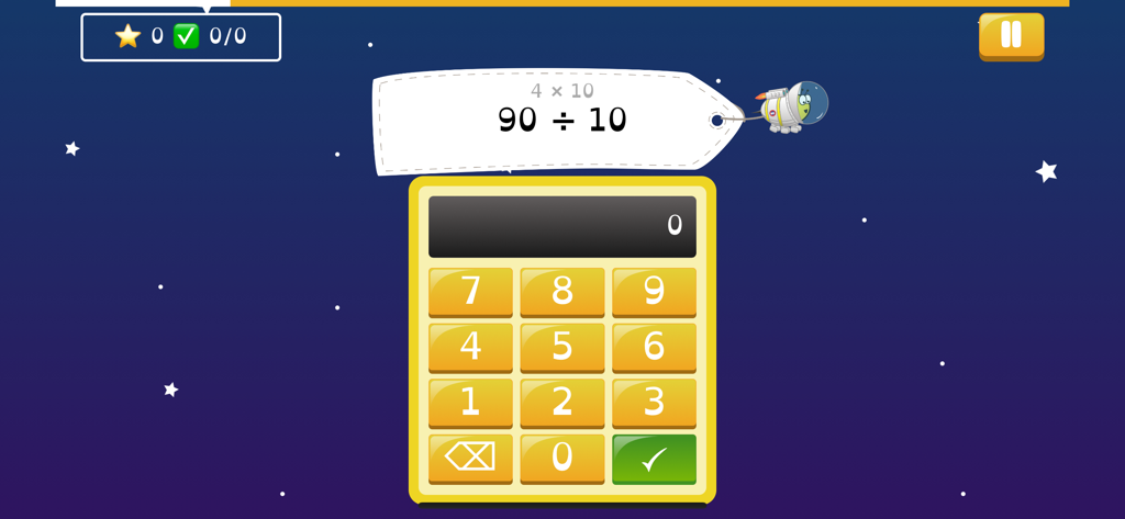 Math Shed - Math Shed app screen showing a division math problem and a yellow numeric keypad on a space-themed background.