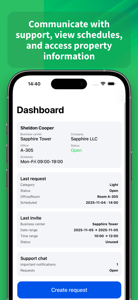 Sapphire Management App - 사용자 프로필, 유지보수 요청 및 방문자 초대 상태를 보여주는 Sapphire 관리 앱 대시보드