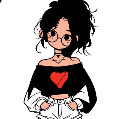 girl with a messy ponytail glasses a baggy crop top and jean shorts