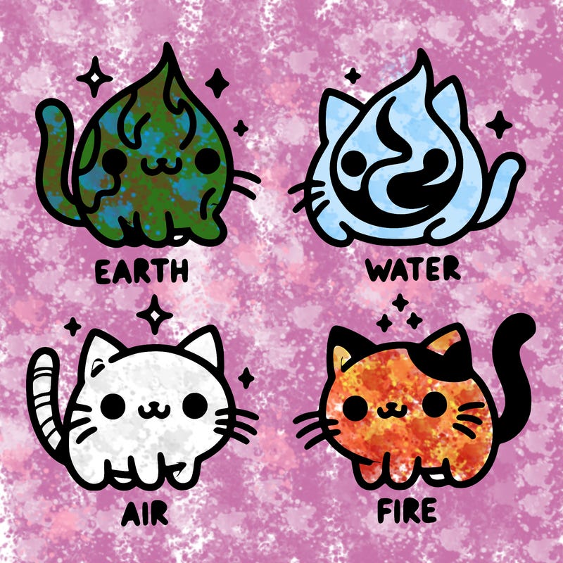 4 cats that represent the different elements, earth, water, air, and fire
