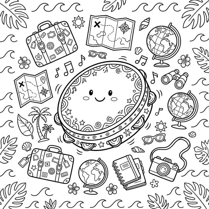Get ready for a cheerful journey with this delightful coloring page featuring a happy tambourine amidst fun vacation items. Kids will love coloring the globes, suitcases, and tropical scenery, bringing their travel dreams to life.