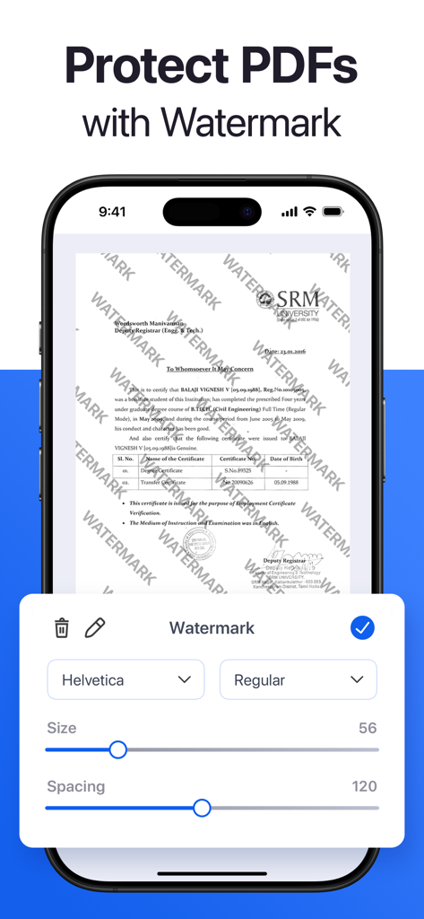 Forma: PDF Document Editor - Una pantalla de smartphone mostrando la interfaz de la aplicación Forma para añadir y personalizar marcas de agua en un documento PDF.