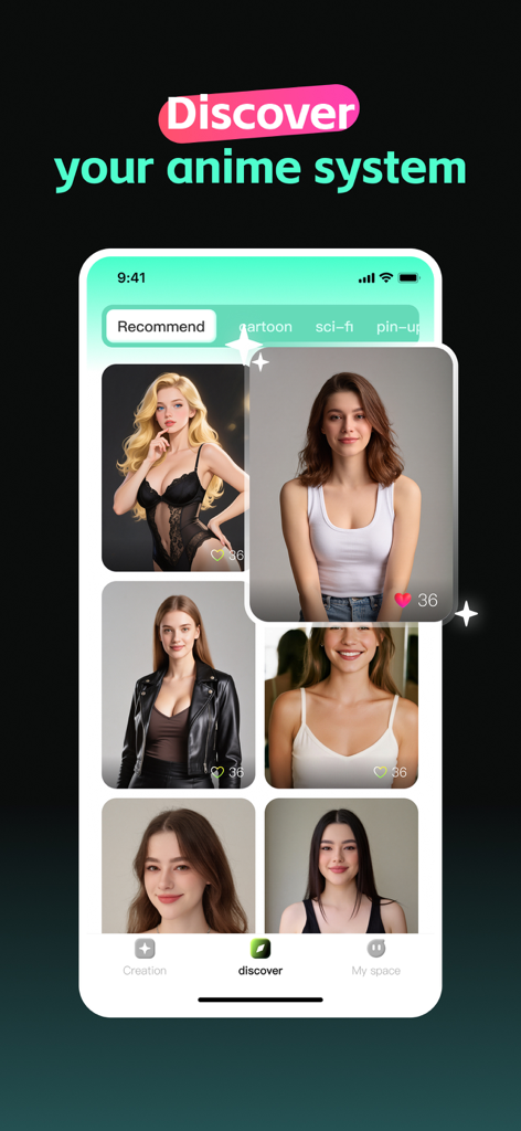 The discover screen of the Xio app featuring a feed of AI generated portraits and various art style templates.