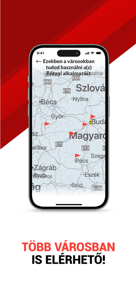 Főtaxi mobile app interface showing a map of service availability across multiple cities in Hungary.