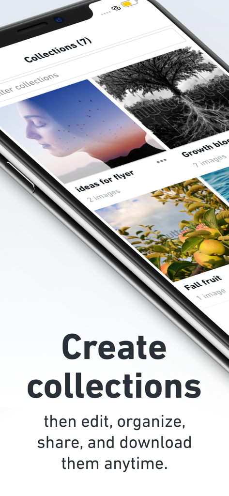 A smartphone screen showing the Shutterstock app's collections feature where users can organize stock images and videos.
