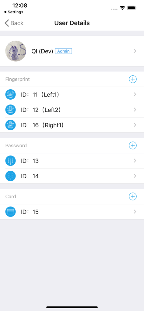 WisHome app user details screen for managing fingerprint password and access card credentials