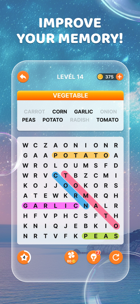 Word Search!-Word Puzzle Game - A word search puzzle gameplay screen featuring a vegetable category and memory improvement theme