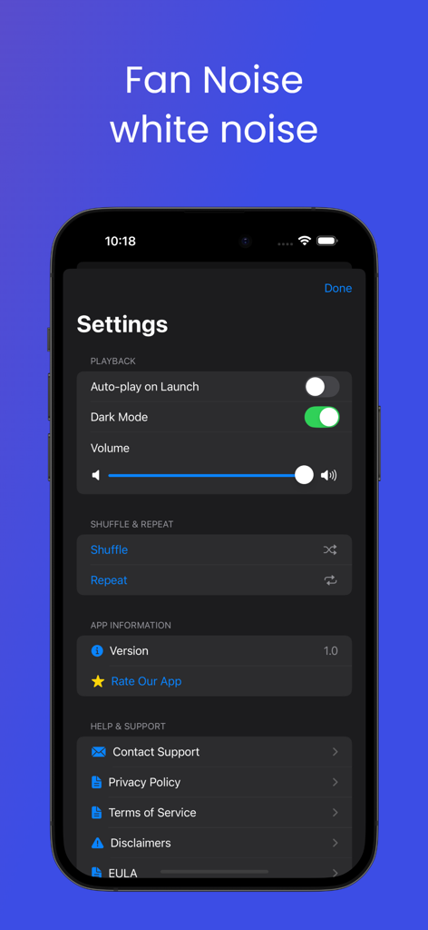 Fan Noise White Sleep Sounds - Menú de configuración de la aplicación Fan Noise White Sleep Sounds mostrando modo oscuro y ajustes de volumen en un iPhone.