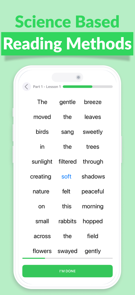 Speed Readingo: Read Faster - Speed Readingo app interface showing science based reading methods and word exercises