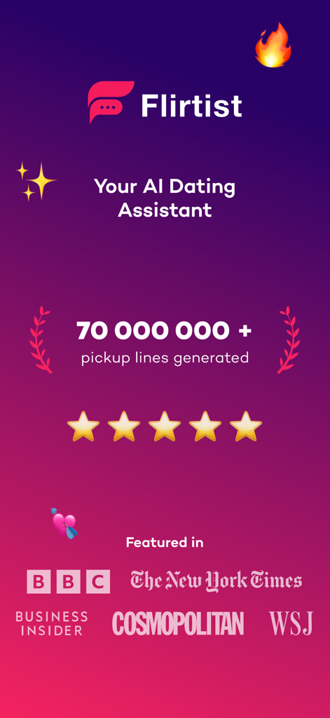 Promotional screen for Flirtist AI dating assistant showing 70 million pickup lines generated and media features from BBC and The New York Times