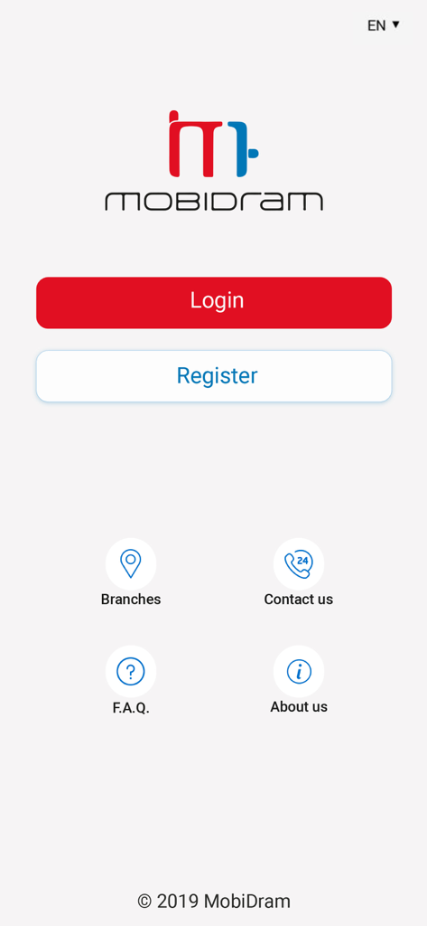 MobiDram Wallet welcome screen with login and register options