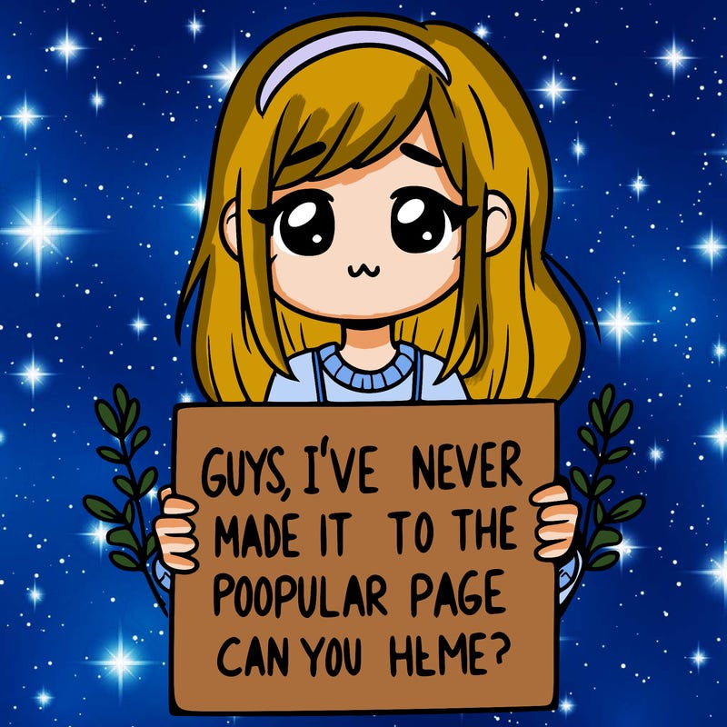 a girl holding up a sign that says, guys, i’ve never made it to the popular page, can you help me?