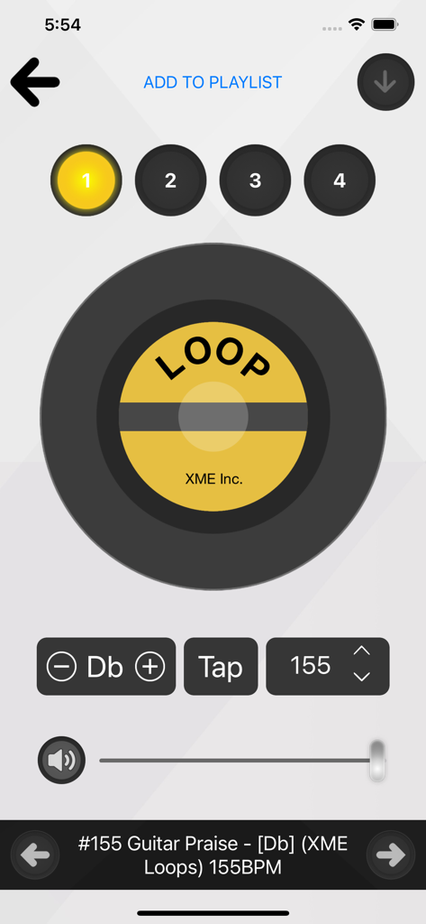 XME LOOPS - XME LOOPS app interface displaying music loop playback with key and tempo settings.