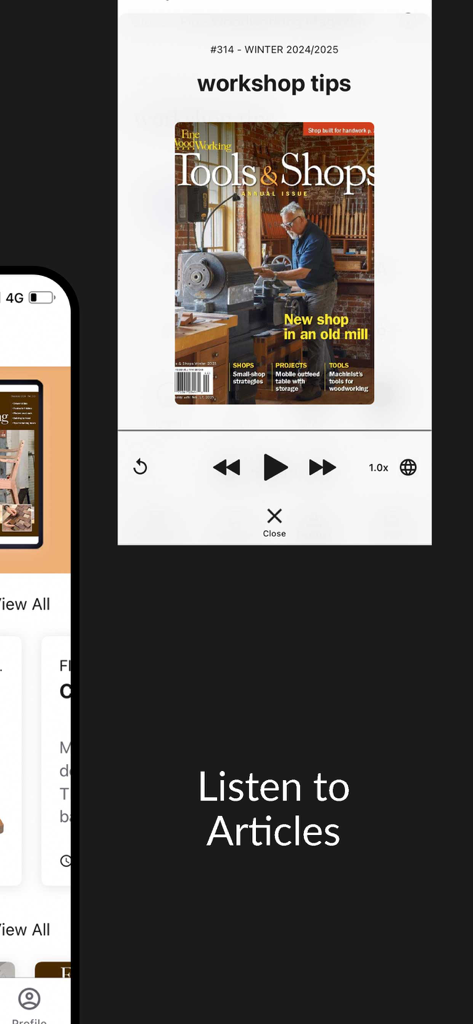 Fine Woodworking Magazine - Interface of the Fine Woodworking Magazine app showing the Listen to Articles audio player feature.